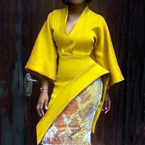 African Blouse Asymmetrical Flare Sleeve v Neck High Waist Fashion Elegant Evening Night Club Wear Tops Shirts & Blouse 2021 New