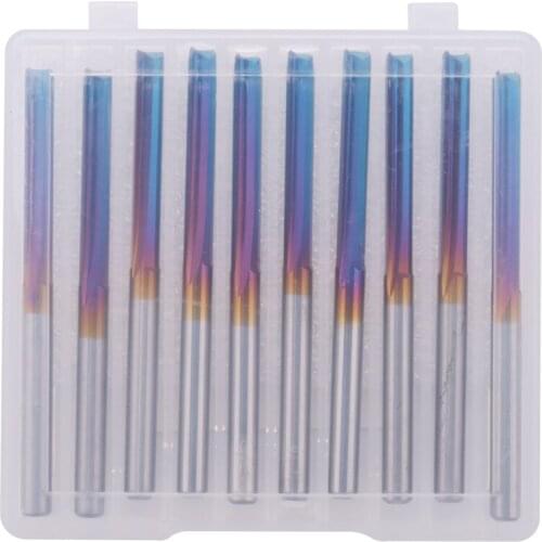 10Pcs 3.175 Shank Blue Coated Straight End Mill 2 Flute Carbide Milling Cutter for Wood MDF Plastic CNC Engraving Bit