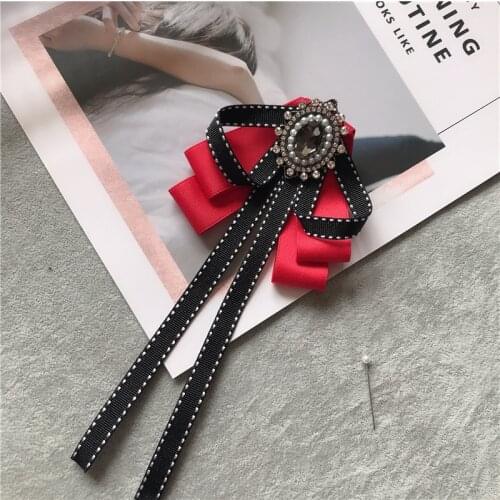 Korean Fabric Bow Tie Brooch Pin Rhinestone Bowknot Cravat Shirt Collar Pins Fashion Jewelry Gifts for Women and Men Accessories