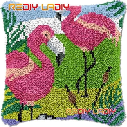 Latch Hook Cushion Two Flamingos DIY Needlepoint Kits Chunky Acrylic Yarn Arts Crocheting Lofty Pillow Case Hobby & Crafts