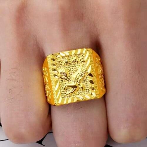 Square Rings for Men Yellow Gold Filled Carved Eagle Patterned Cuff Male Rings Punk Hip Hop Accessories