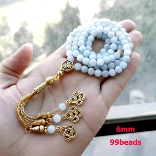 Tasbih Natural Aquamarines stone Muslim Bracelet Turkish misbaha 99 rosary bead islamic jewelry Gold tassel accessory arab gift