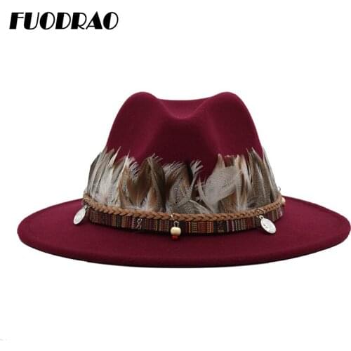 FUODRAO New Women Wool Fedora Hat Autumn Winter Solid Color Wide Brim Jazz Caps Men Yellow Panama Vintage British Cowboy Hat F2
