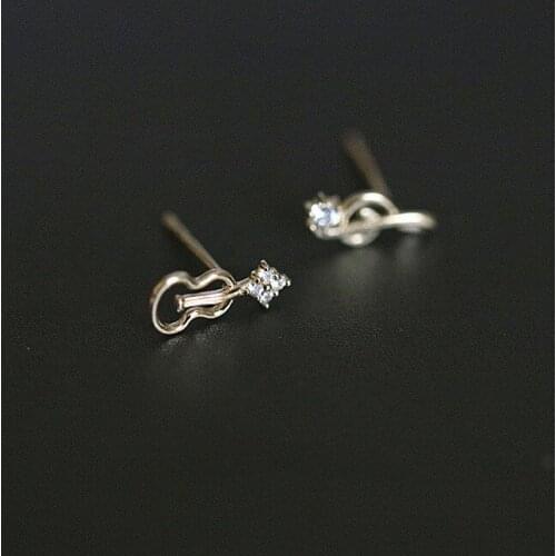 Creative Small Guitar Stud Earrings Cute Female White Crystal Music Earrings Real 925 Sterling Silver Wedding Earrings For Women