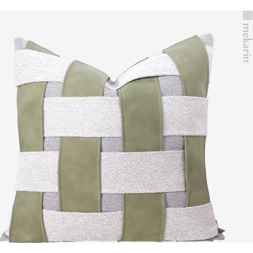 Nordic light luxury contrast color pillow model room square pillow green interspersed woven sofa living room leather cushion