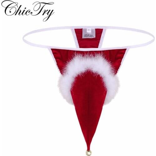 Male Mens Cosplay Xmas Thong Panties Lingerie Velvet Santa Hat Christmas Gift Holiday Fancy G-string Underwear with Small Bell
