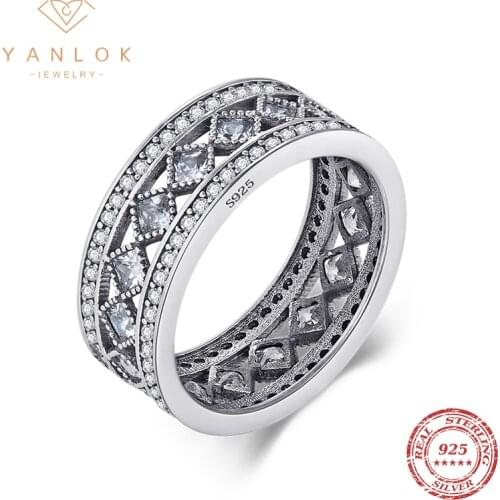 YANLOK Vintage Geometric Ring Solid 925 Sterling Silver Sparkling Cubic Zirconia Stackable Luxury Finger Rings For Women Jewelry