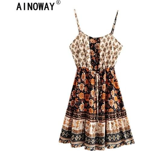 Vintage chic women floral print sleeveless beach Bohemian Spaghetti Strap dress Ladies Summer rayon Boho mini dress vestidos