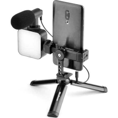 Vlogging Kit Mobile Phone Video Tripod Mount w Cold Shoe Holder LED Light Microphone for YouTube Recording Smartphone Vlog Rig