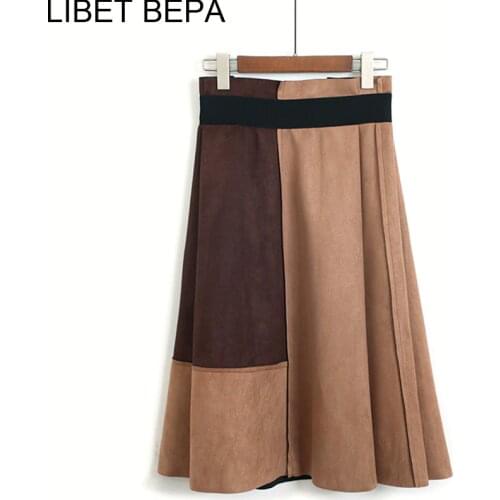 New Arrival 2021 Women Suede Midi Skirt Autumn Winter Vintage Patchwork Pleated Elegant Ladies Skirt High Waist Femininas SK5549