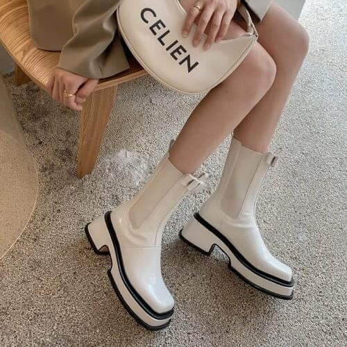 QZYERAI 2021 New Women Chelsea Boots Stylish Autumn Winter Leather Handmade Ankle Boots Square Toe Thick Heel Women Boots