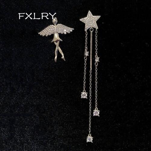 FXLRY Asymmetrical shiny zircon stars elegant Flying Goddess tassel women long earrings