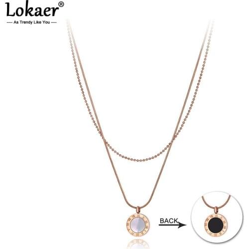 Lokaer Trendy Bohemia Stainless Steel Double-layer Charm Chain Choker Necklace Roman Numerals Pendant Necklace For Women N19203
