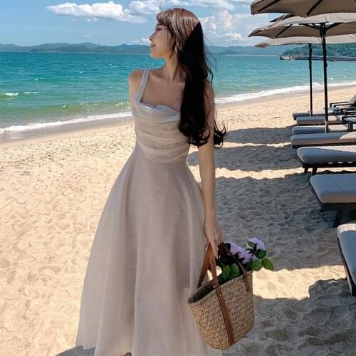 French Style Vintage Sexy Strap Sleeveless Midi Party Club Dress Ladies Robe Coffee Break Casual Folds Femal White Beach Dress