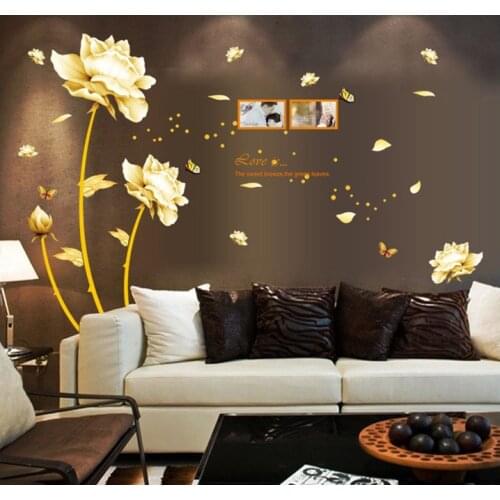Golden Time Riches and Honour Flowers Chinese Style DIY Wall Stickers Living Room TV/Sofa Background Mural Decal AY9188