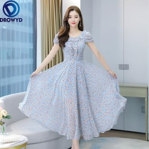 2021 Summer New Arrival Hot Sale Stand Collar Flower Printed Short Sleeve Women Long Chiffon Dress High Quality Plus Size M-4XL