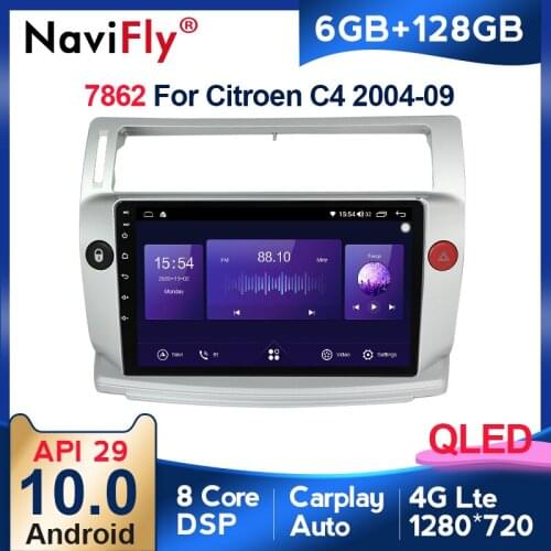 NaviFly 6GB+128GB 8 Core Carplay 4G LTE QLED 1280*720 Android 10.0 Radio GPS Car Muletimedia Player For Citroen C4 2004 - 2014