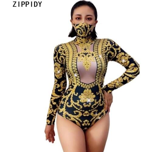 Black Gold Stones Printed Bodysuit Festival Birthday Celebrate Long Sleeve Outfit Prom Female Singer Show Stage Wear