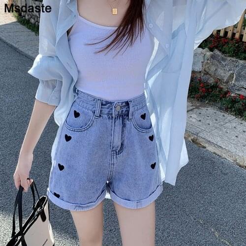 Jeans Shorts Women Summer Wide Leg High Waist Cute Heart Lady Short Jeans Pants A-line Blue Black Casual Woman Denim Shorts