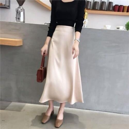 LMQ NEW Women Casual Vintage Multi Colors High Waist Party Office Skirts Ankle-Length A-Line Elegant Glossy Plain Shiny Skirts