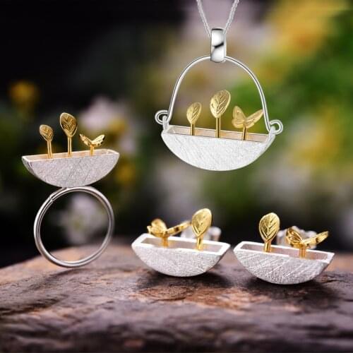 Lotus Fun Real 925 Sterling Silver Handmade Fine Jewelry My Little Garden Jewelry Set with Ring Stud Earring Pendant Necklace