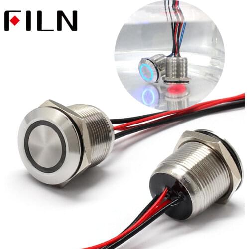 FILN 19MM 12V tri color IP68 waterproof flat round momentary push button switch metal stainless steel with wire