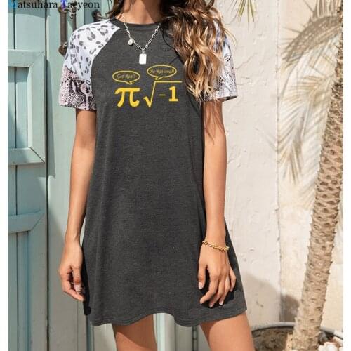 Fashion New Women Summer Dress Funny Math Formula Print Cotton Loose Short Sleeve Leopard Print Pocket Dress Woman