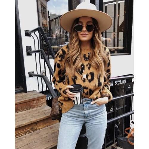 Fashion Leopard Winter Sweaters Holiday 2021 Slim Autumn Pullover Long Sleeve Jumper Knitwear Khaki Ladies Sweater