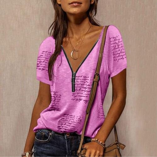 New Zipper T Shirt Women 2021 V-neck Letter Prints Womens Tee Shirts Casual Top Woman Contrast Color Short Sleeves T-Shirts