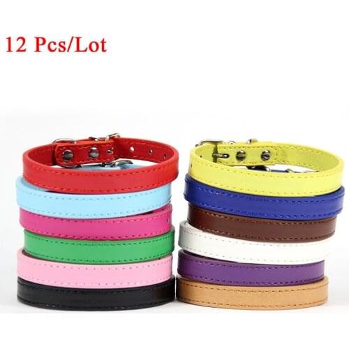 12 Pcs/Lot Soild PU Leather Dog Collar Wholesale Pet Product Adjustable Puppy Neck Strap Collars for Small Medium Dog S M L