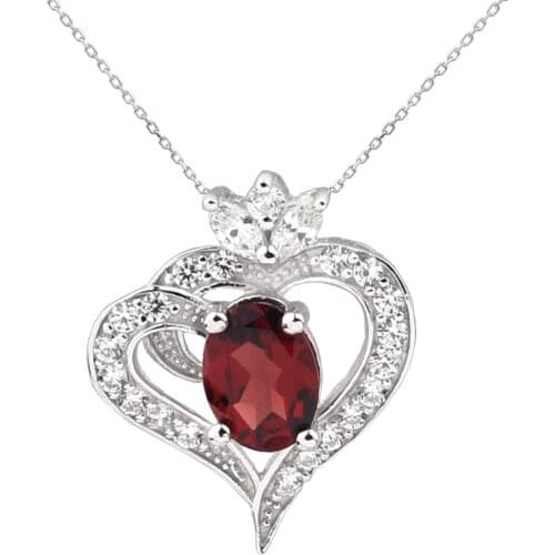 Red Garnet Pendant Necklace 925 Silver Heart Crown Charm 18-inch Cable Link Chain 6x6mm Oval Crystal Jewelry P036RGN