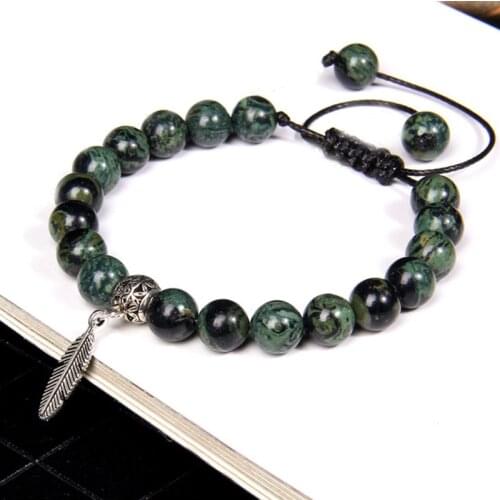 Feather Charm Natural Stone Bead Bracelet Adjustable Rope Length Polar Jades Striped Agates Jewelry For Women Men Christmas Gift