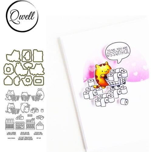 QWELL Cutting Dies and Clear Stamps Cute Cats Shopping Cart Toilet Paper Food Encouragements DIY Craft Cards 2021 New