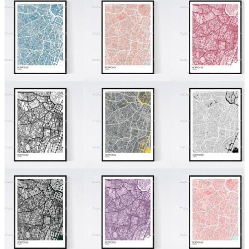 Roppongi, Tokyo Map Nordic Retro Minimalism Painting Posters and Prints on Canvas Wall Art Modular Pictures Home Decor Gift
