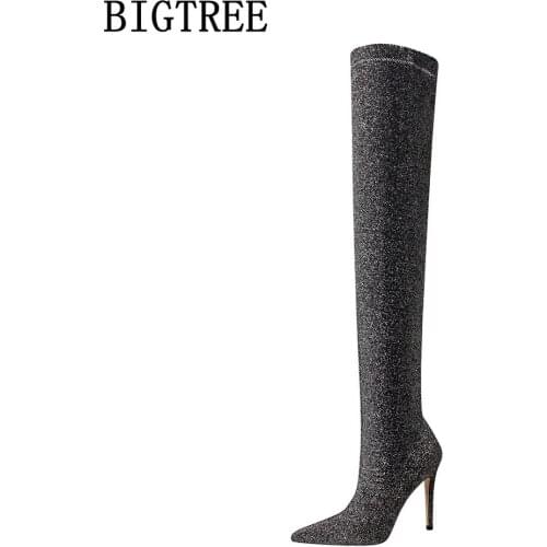 Bigtree Luxury Brand Women Shoes 2021 Thigh High Boots Bling Black High Heel Boots Heels Women Pumps Ladies Winter Boots Buty