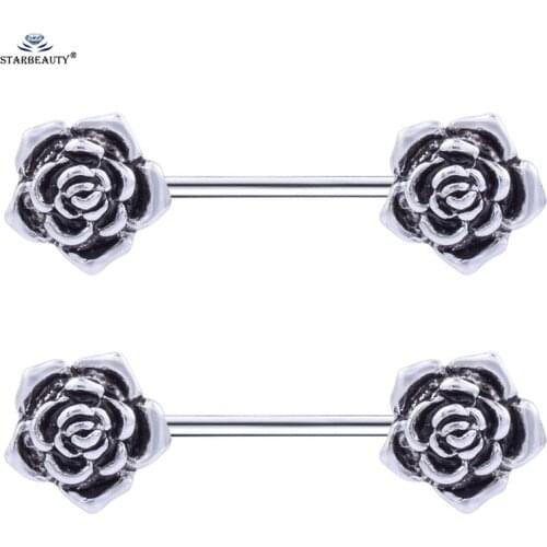 Starbeauty 2pcs/lot Retro Rose Nipple Ring Helix Earring 14G Barbell Flower Nipple Piercing Stainless Steel Pircing Body Jewelry
