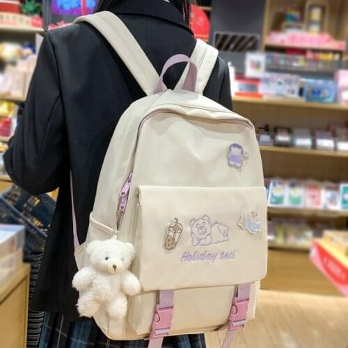 2021 New Waterproof Nylon Insert Buckle Women Backpack Female Cute Bear Embroidery Travel Bag Schoolbag for Teenage Girls