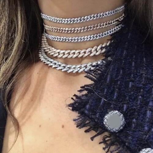 2020 New Prong Setting Cuban Link Chain Silver Color Necklace Iced Out Cubic Zirconia Chkoer Bling Hip hop for Women Jewelry