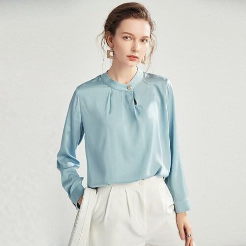Silk Blouse Women Shirt Casaual Style 93% Silk Solid 2 Colors O Neck Long Sleeves Loose Top Elegant Style New Fashion