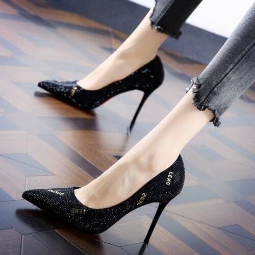 Womens Shoes High Heels Women 2020 New All-match Womens Black Rhinestone Pointed Toe Stiletto Professional Single Shoes Autumn