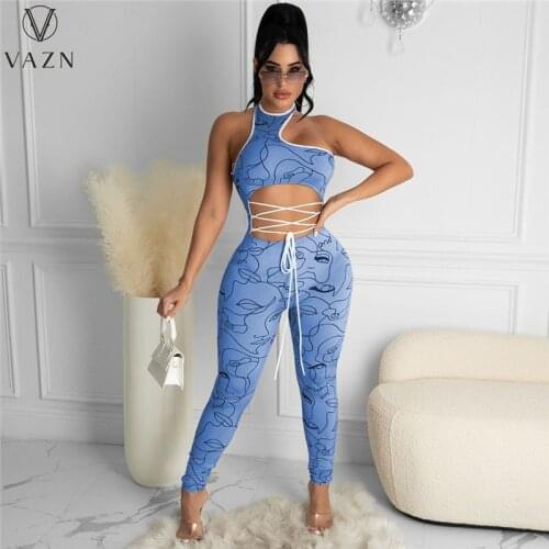 VAZN 2021 New Shinny Print Pleated Sexy Lady Women Party Beach Jumpsuits Full Pant Bandage Rompers