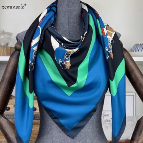 100% Silk Scarf Women Large Shawls Chain Printed Stoles Square Bandana Luxury Brand Kerchief Scarves Female Foulards 130*130cm