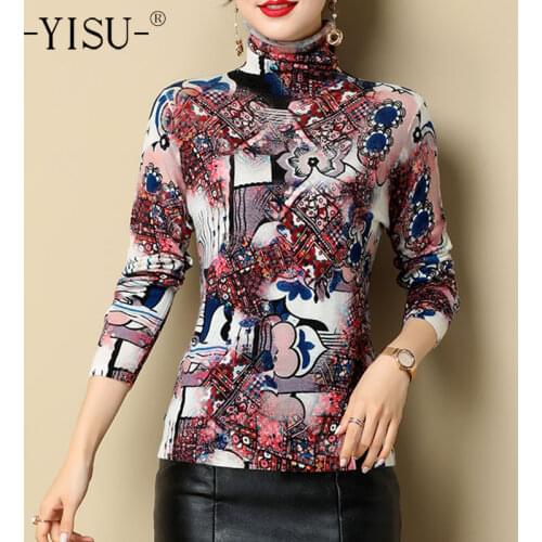 YISU Women Winter Sweater Turtleneck Printing Winter tops Long sleeve Knitted pullover Warm Femaler Fashion Thin Jumper