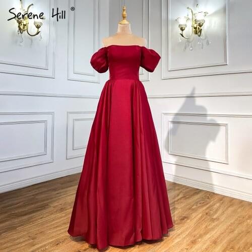 Serene Hill Red A-Line Satin Evening Dresses Gowns 2021 Simple Off Shoulder Sexy For Women Party LA71286