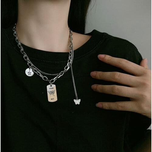 Hot Gothic Multi-Layer Thick Chunky Chain Butterfly Necklace Women Silver Color Rhinestone Pendant Necklaces Aesthetic Jewelry