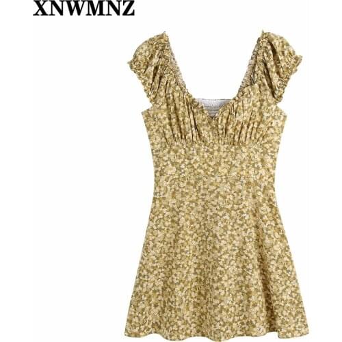 XNWMNZ 2021 Summer Dress Women Short Puff Sleeve V Neck Ruffle Beach Dresses Woman Chic Side Zip Smocked Elastic Mini Dress