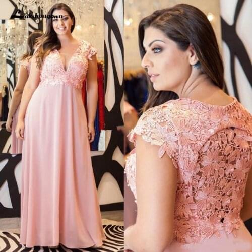Plus Size Prom Dresses Deep V-Neck Beaded Cheap Floor Length Empire Waist Chiffon Formal Dress Mother Of Bride Dresses