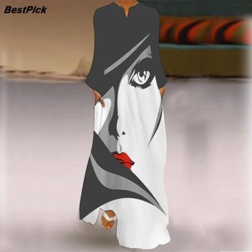 2021 Vintage Abstract Face Maxi Dress Women Boho Long Sleeve Long Dress Ladies Casual Plus Size Loose Shirt Dresses Robe
