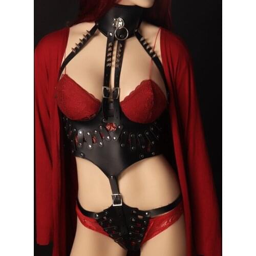 BDSM Erotic Lingerie Punk Rivet Element Harness Leather Underwear Women Sexy Neck Strap Hollow Sling Thong Goth Fetish Nightclub