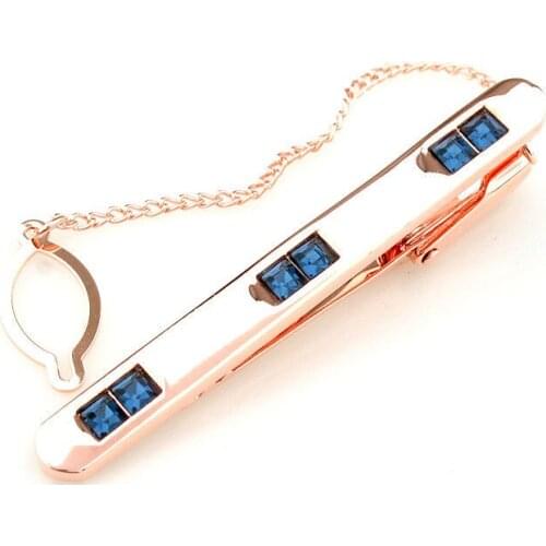 Free Shipping Mens Tie Clip Jewelry Deep blue Crystal Tie Clips Rose Gold Male Shirt Cuff Jewelry Free Jewelry Box #LEP7631